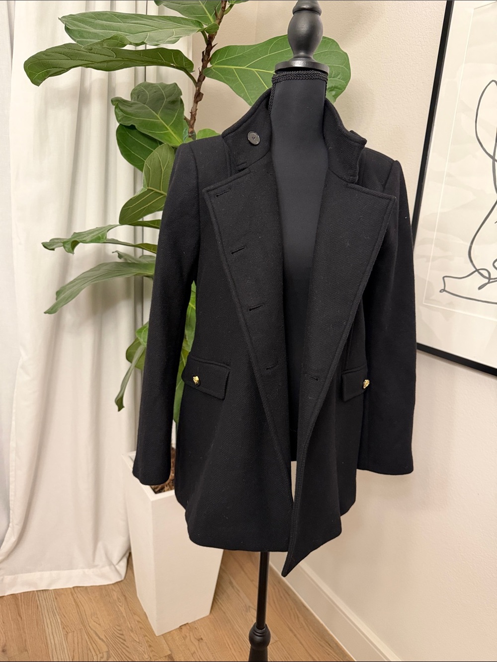 Zara Black Military-Style Wool Blend Women’s Coat with Gold Buttons (L)
